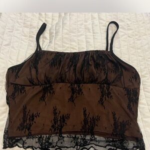 Brown Lace-Overlay Cami Top